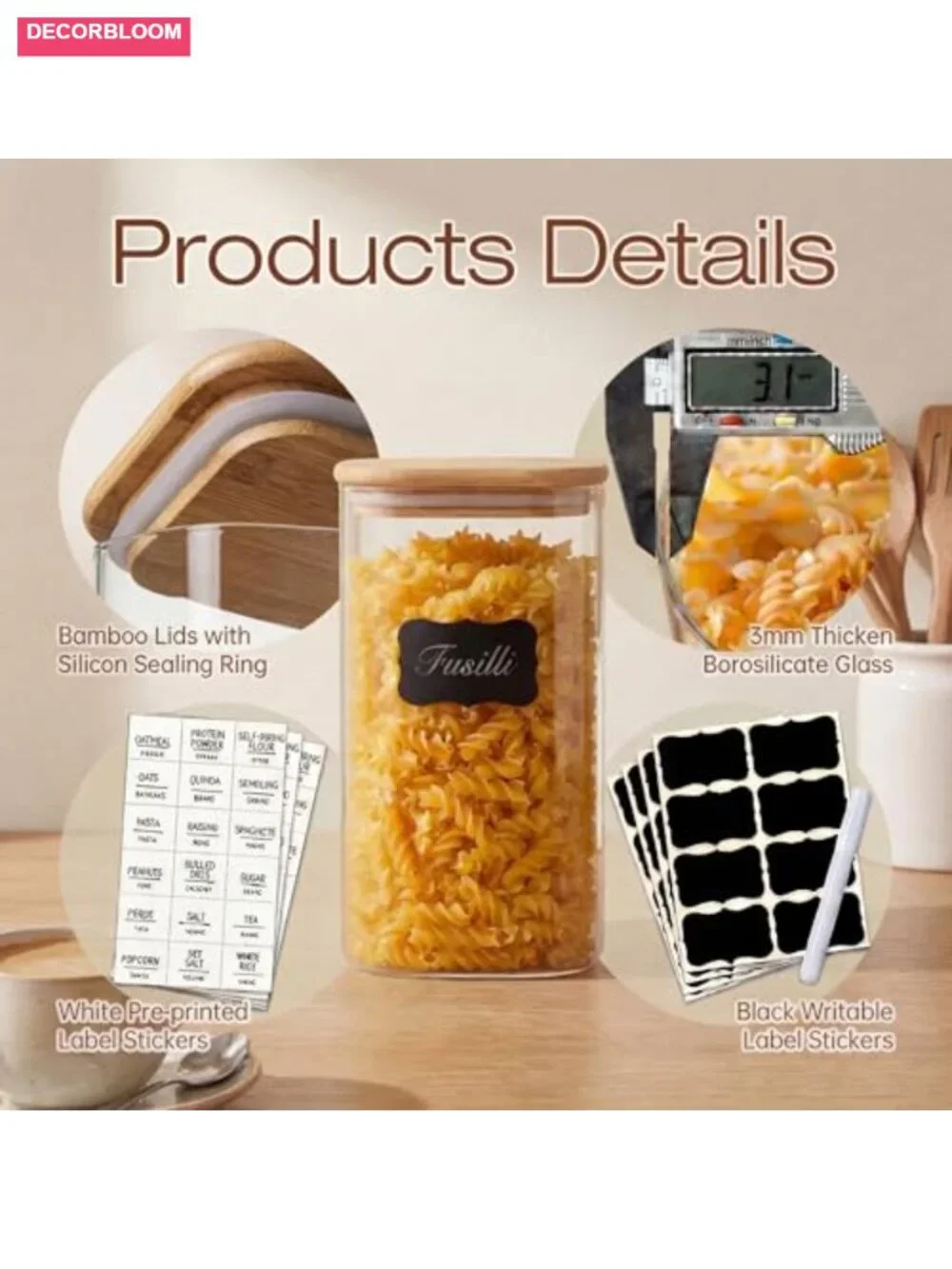 168oz Square Glass Storage Containers with Bamboo Lids Airtight Set of 2